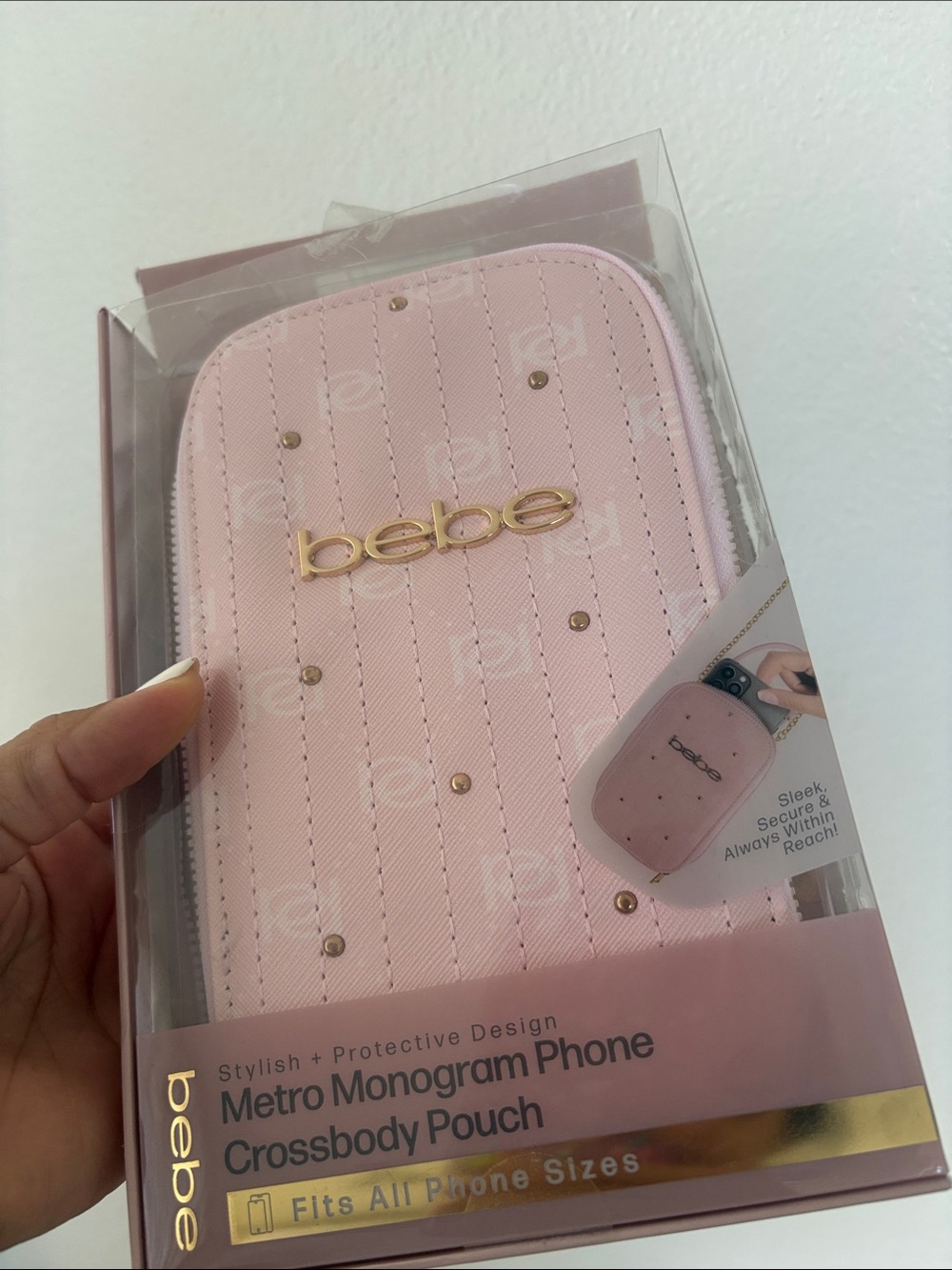 bebe Pink Quilted Metro Monogram Phone Crossbody Pouch with Gold Logo